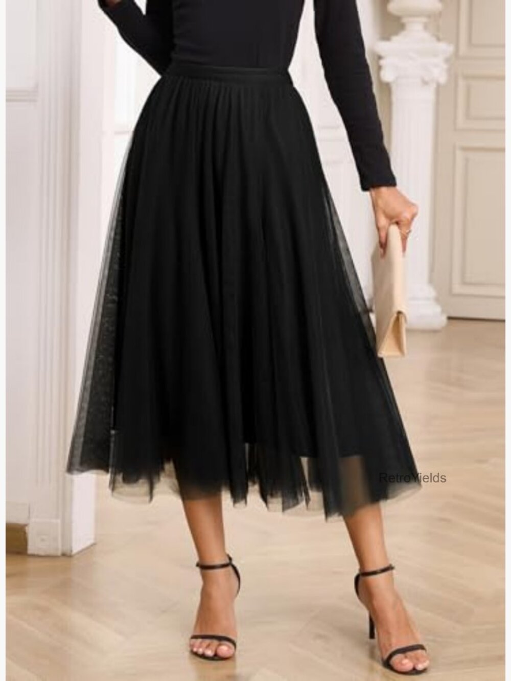 High Waisted A-Line Tulle Midi Skirt Flowy Layered Long Skirt - Picture 5 of 7